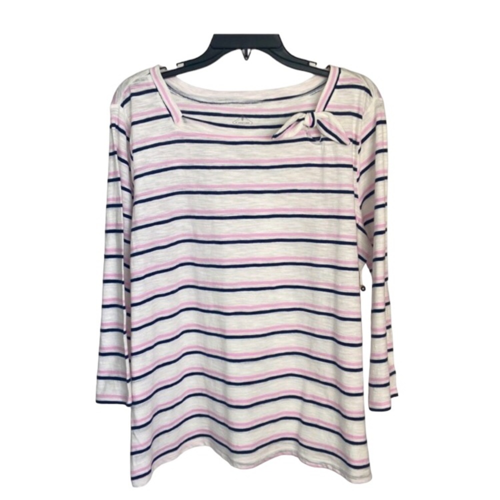 St. John’s Bay women’s top cotton multi stripe square neck with bow 3/4 sleeve